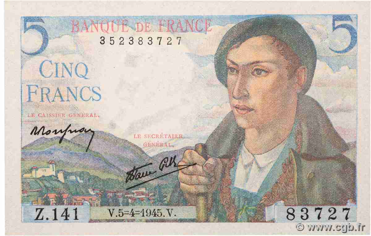5 Francs BERGER FRANCE  1945 F.05.06 pr.NEUF