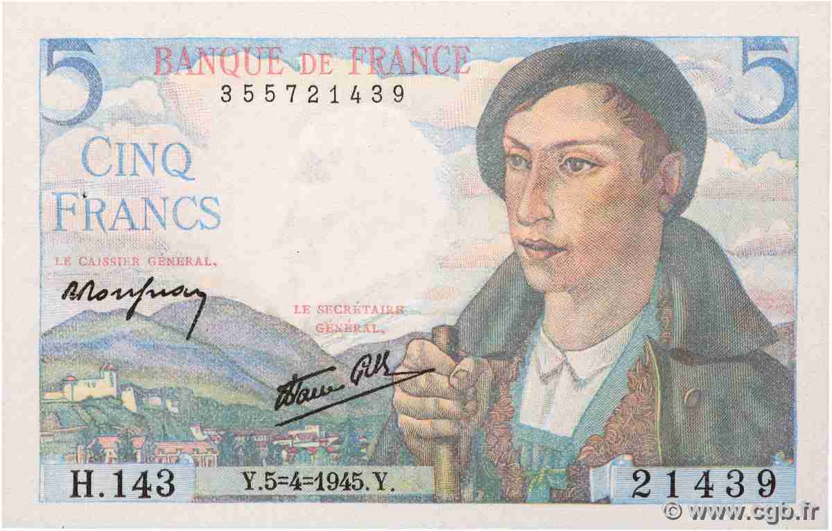 5 Francs BERGER FRANCE  1945 F.05.06 SPL