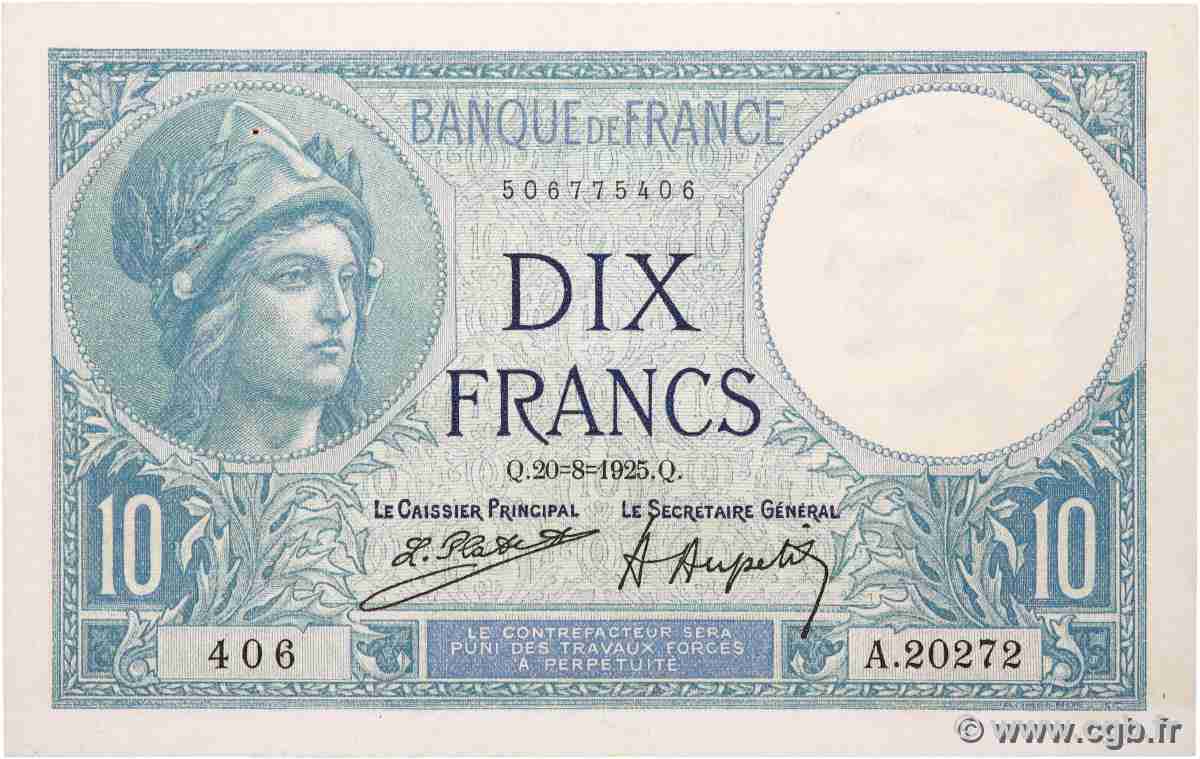 10 Francs MINERVE FRANCE  1925 F.06.09 SUP