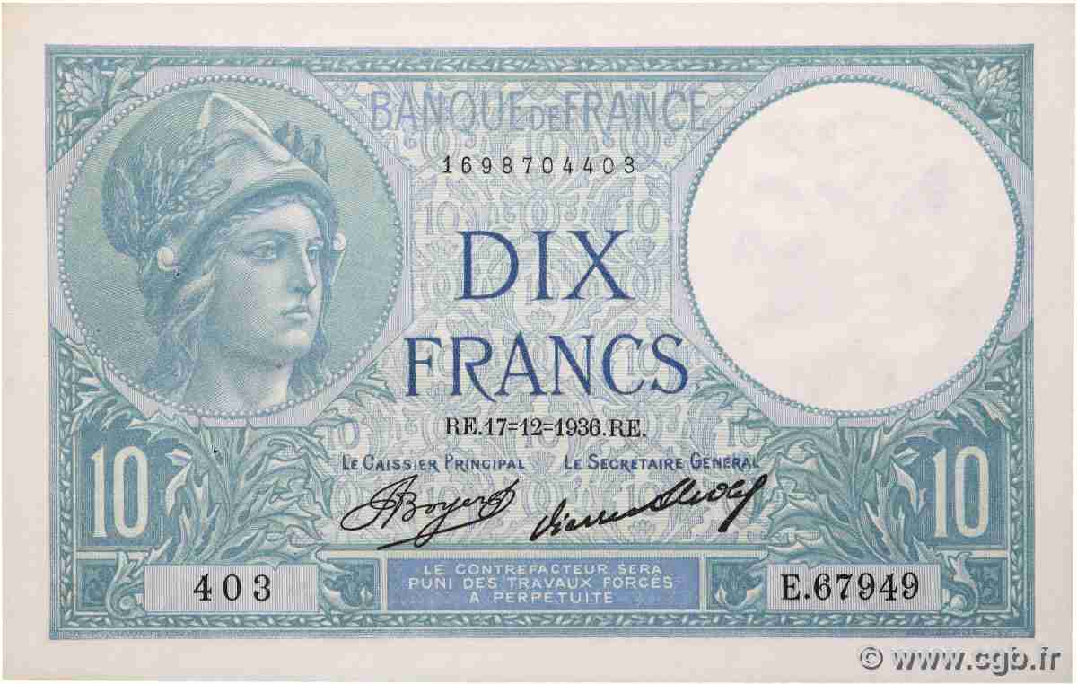 10 Francs MINERVE FRANCE  1936 F.06.17 SUP