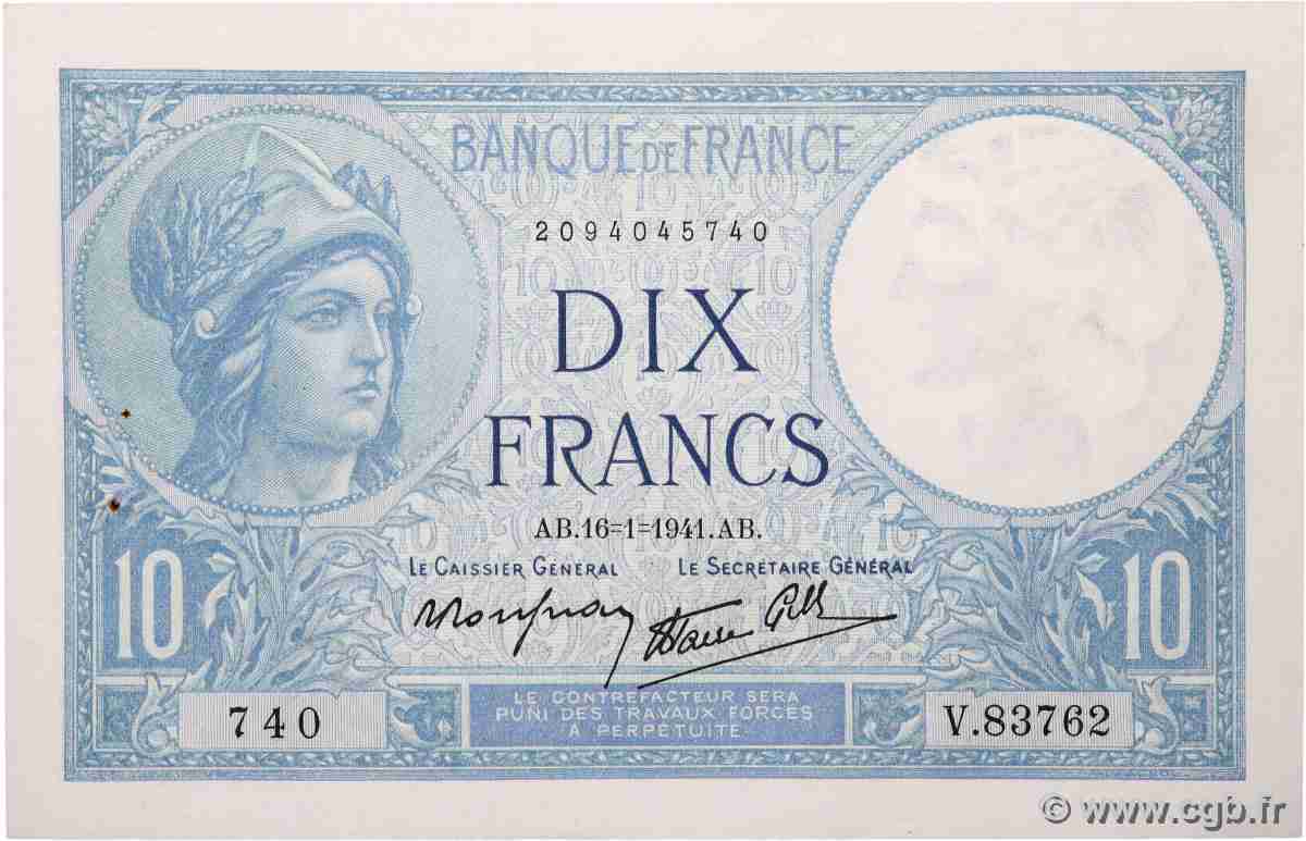 10 Francs MINERVE modifié FRANCE  1941 F.07.28 pr.SPL