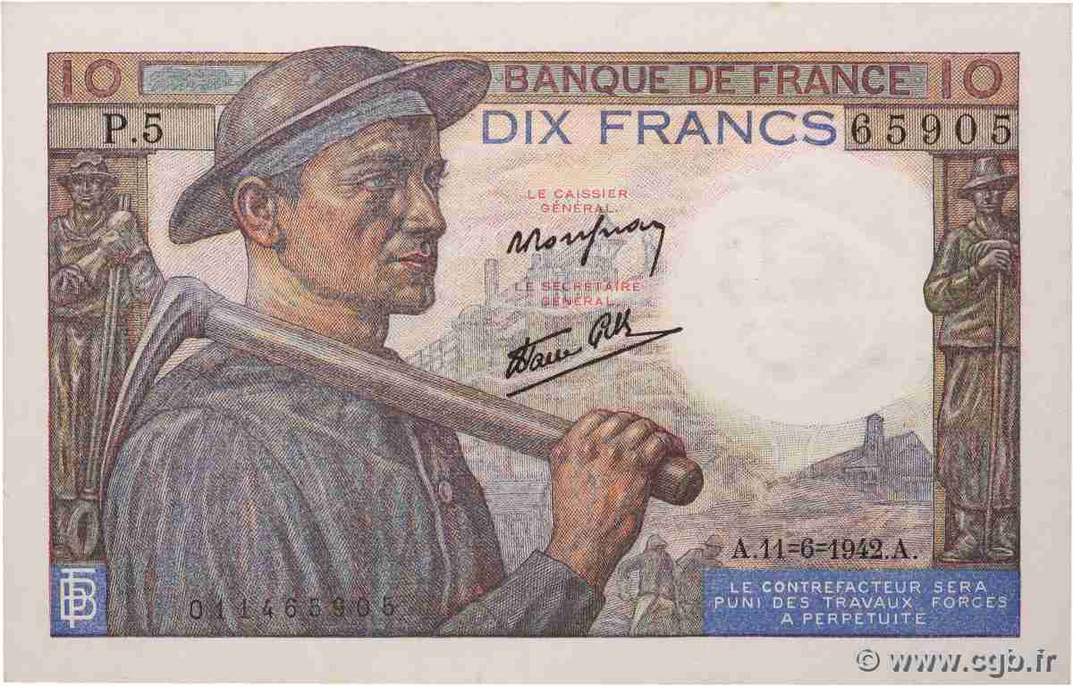 10 Francs MINEUR FRANCE  1942 F.08.03 UNC-