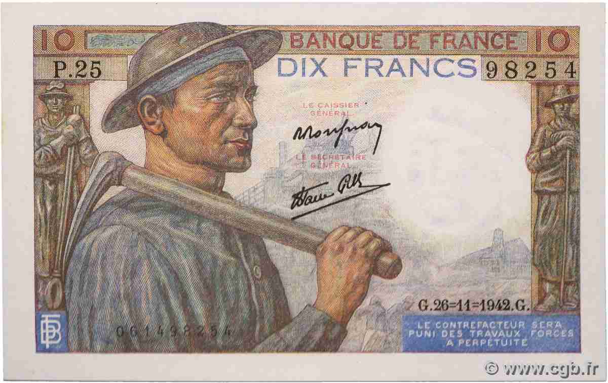 10 Francs MINEUR FRANCE  1942 F.08.06 pr.NEUF