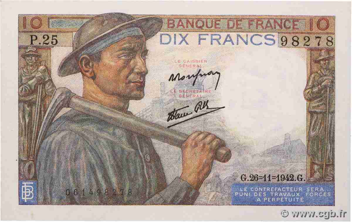 10 Francs MINEUR FRANCE  1942 F.08.06 pr.NEUF
