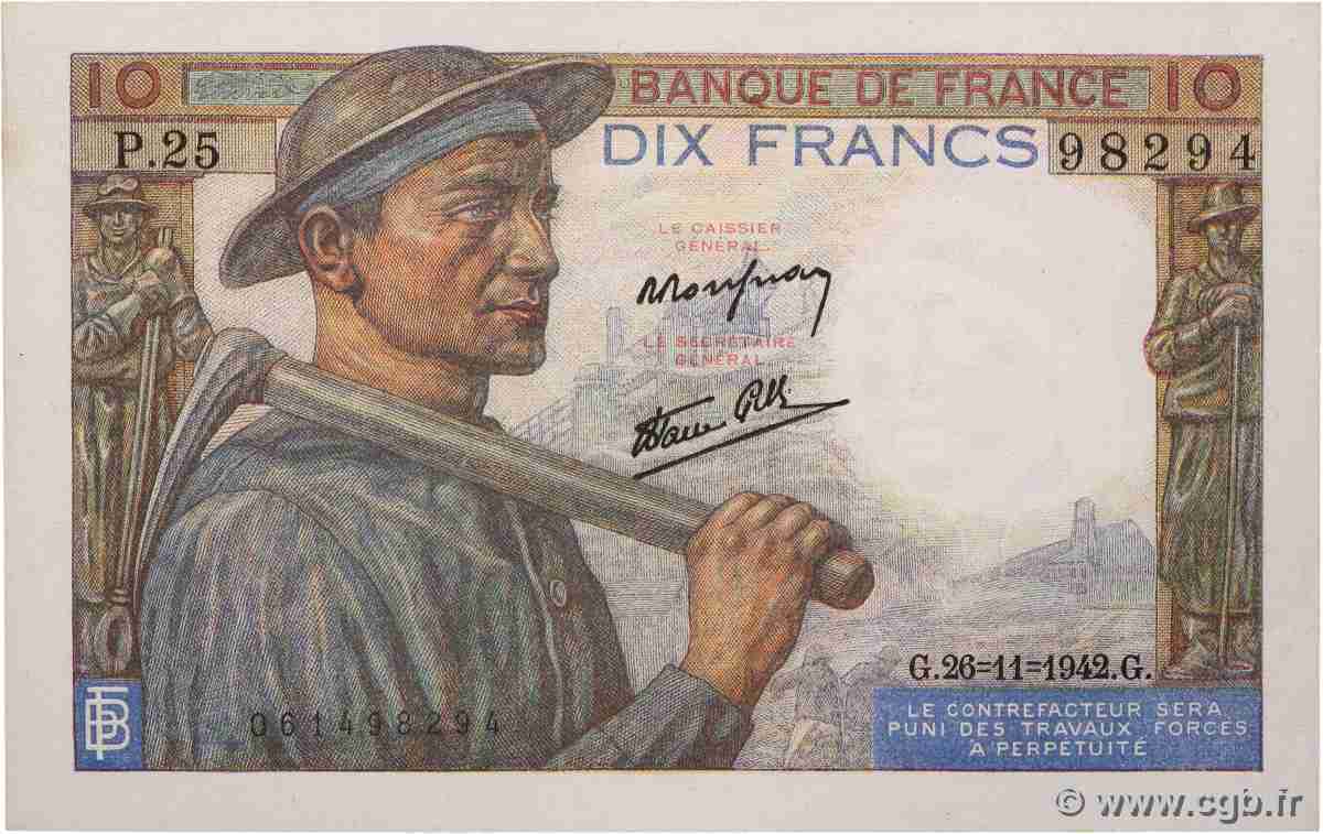 10 Francs MINEUR FRANCE  1942 F.08.06 NEUF