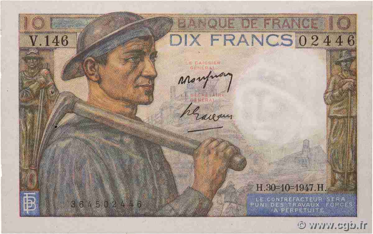 10 Francs MINEUR FRANCE  1947 F.08.18 XF+