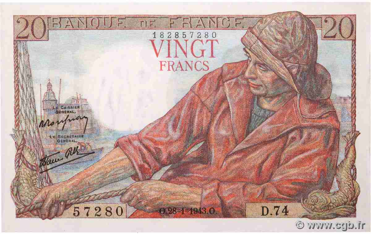 20 Francs PÊCHEUR FRANCE  1943 F.13.05 SPL