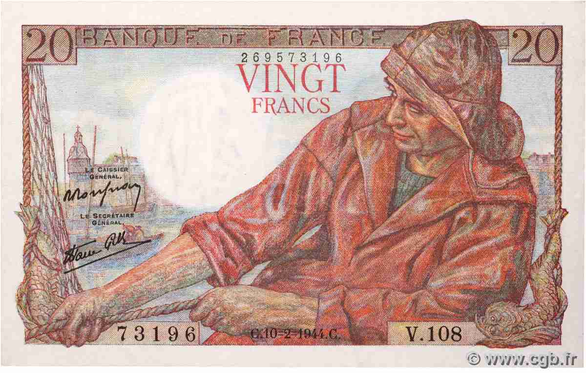 20 Francs PÊCHEUR FRANCE  1944 F.13.08 pr.NEUF