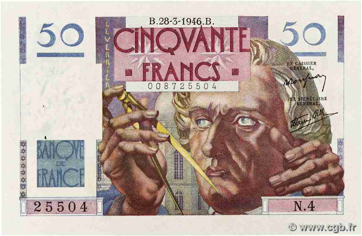 50 Francs LE VERRIER FRANCE  1946 F.20.02 XF+