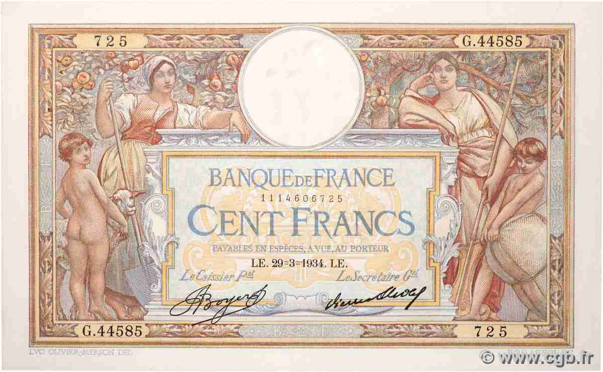 100 Francs LUC OLIVIER MERSON grands cartouches FRANCIA  1934 F.24.13 SPL+
