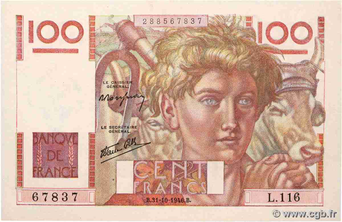 100 Francs JEUNE PAYSAN FRANCE  1946 F.28.10 AU