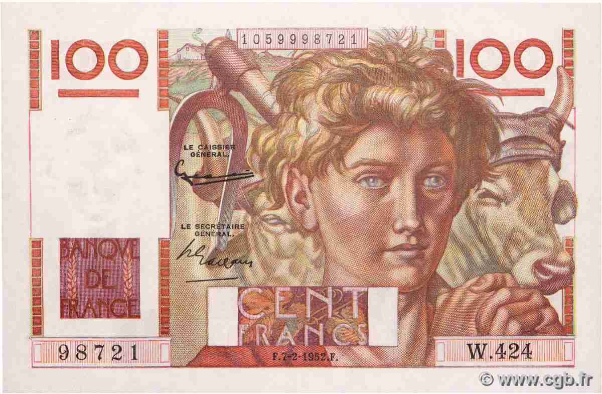 100 Francs JEUNE PAYSAN FRANCE  1952 F.28.31 AU