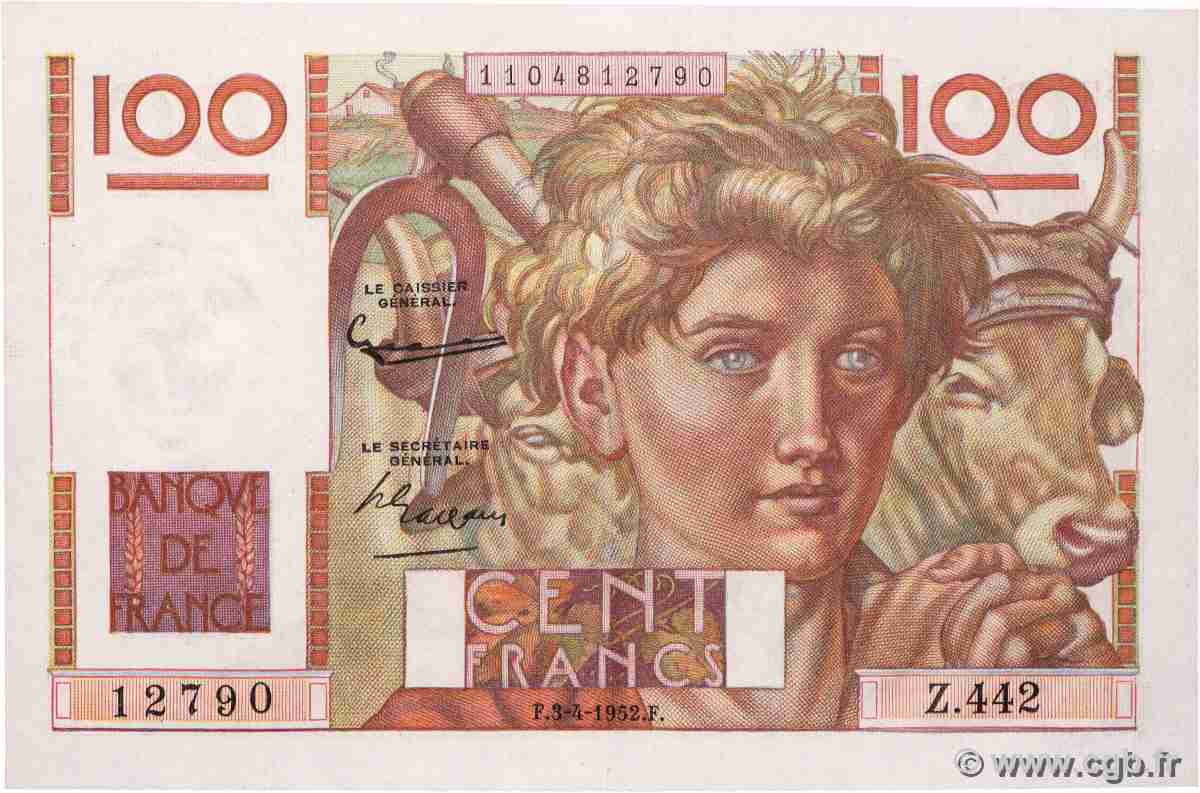 100 Francs JEUNE PAYSAN FRANCE  1952 F.28.32 AU-