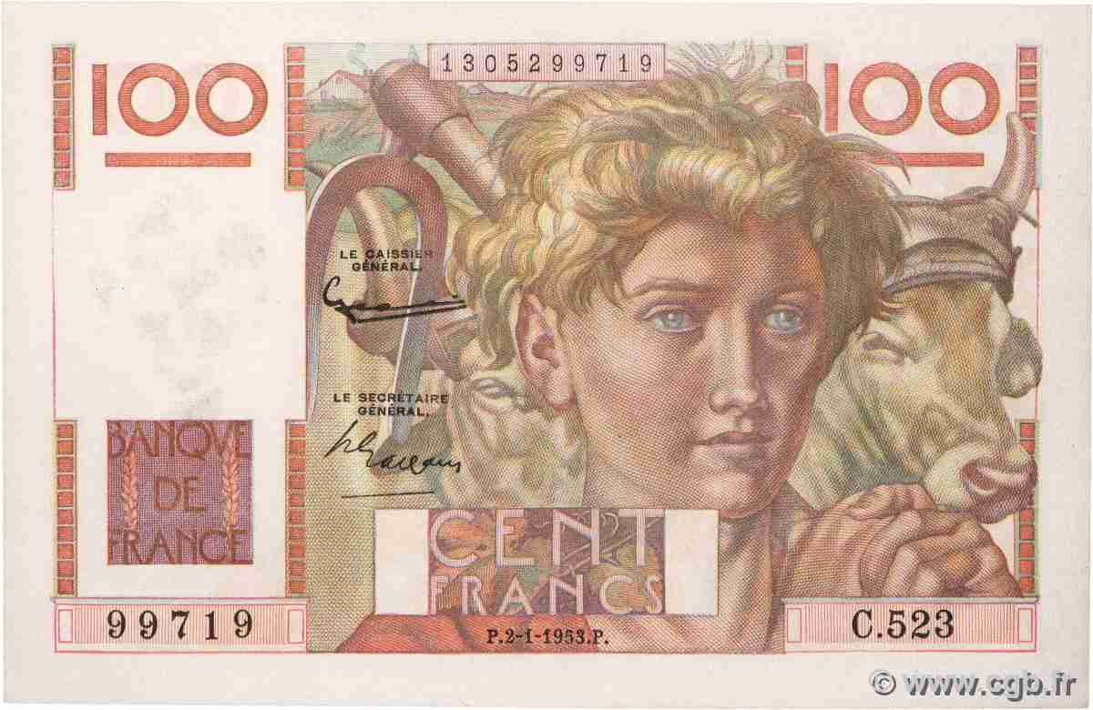 100 Francs JEUNE PAYSAN FRANCE  1953 F.28.35 AU+