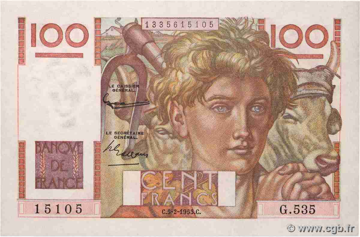 100 Francs JEUNE PAYSAN FRANCE  1953 F.28.36 SPL