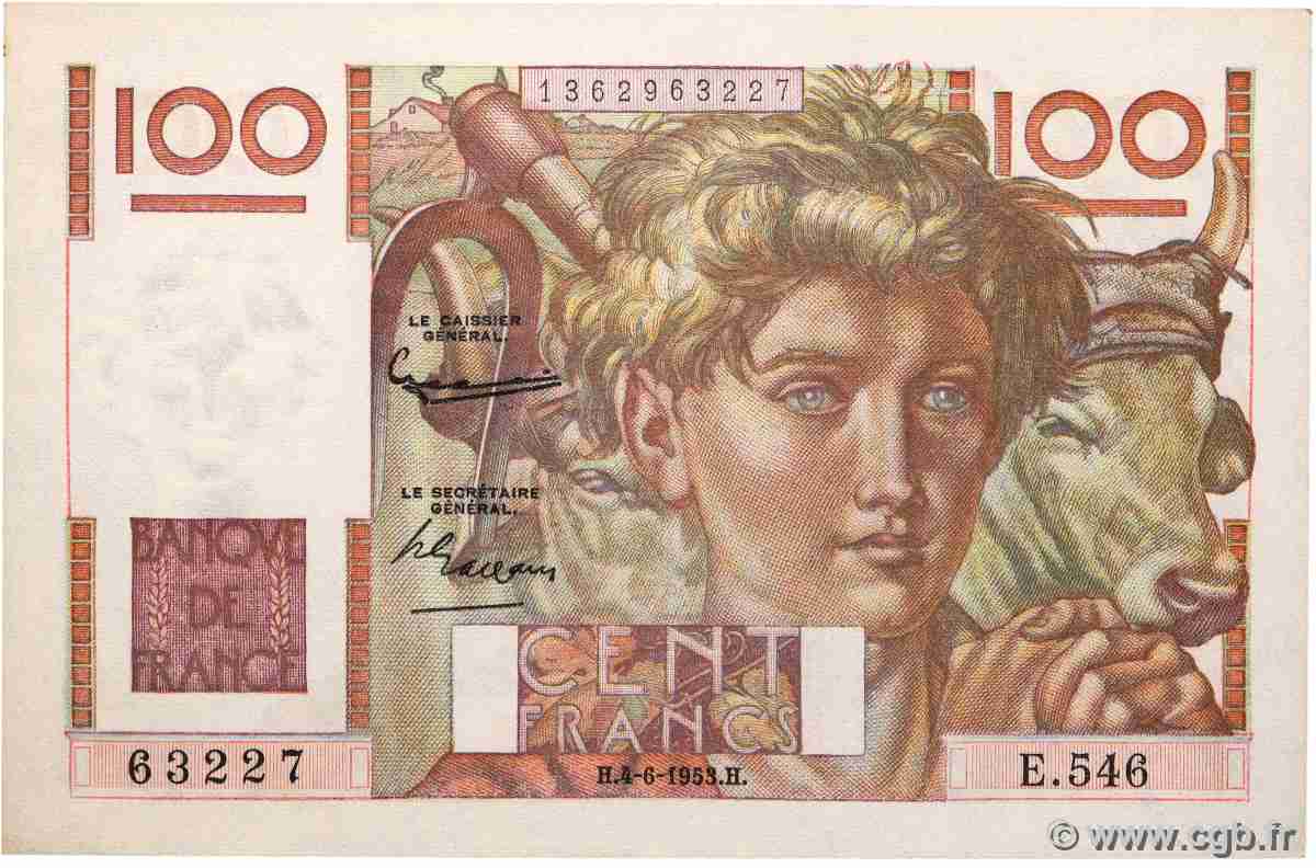 100 Francs JEUNE PAYSAN FRANCE  1953 F.28.37 UNC-