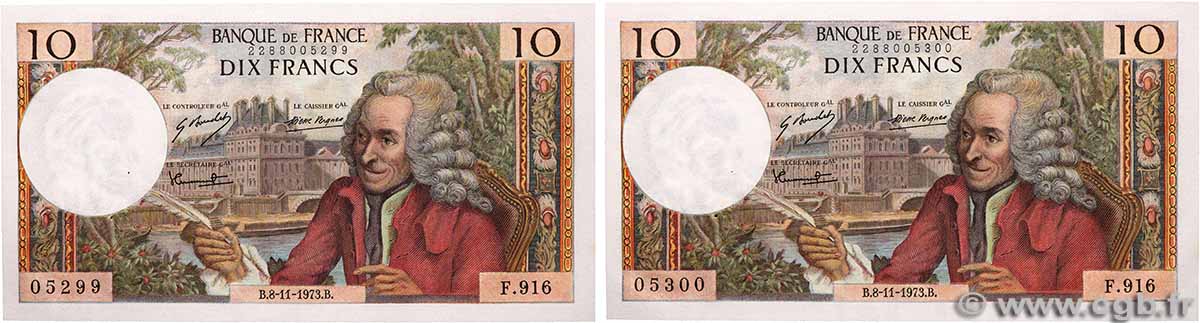 10 Francs VOLTAIRE Consécutifs FRANCE  1973 F.62.64 SPL