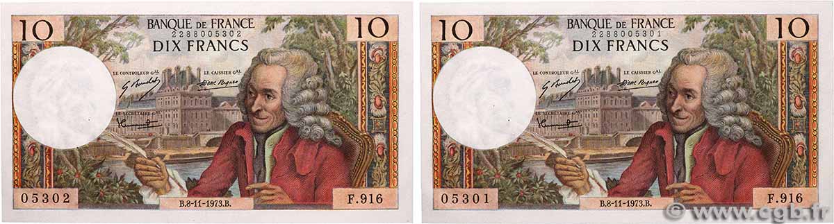 10 Francs VOLTAIRE Consécutifs FRANCE  1973 F.62.64 AU