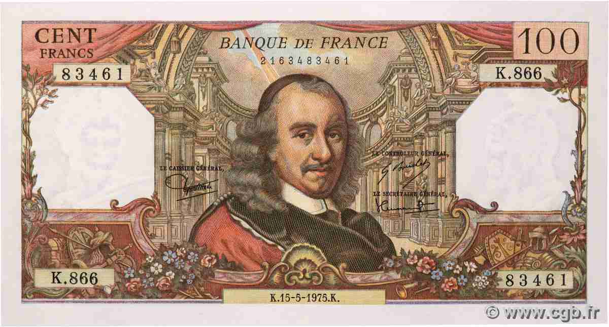 100 Francs CORNEILLE FRANCE  1975 F.65.49 UNC-