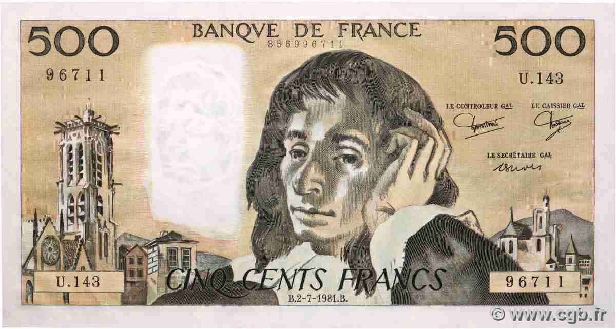 500 Francs PASCAL FRANCE  1981 F.71.25 AU