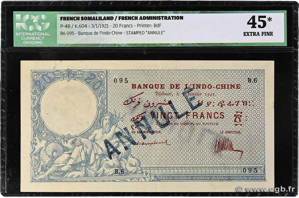 20 Francs Annulé DJIBOUTI  1921 P.04Bs XF