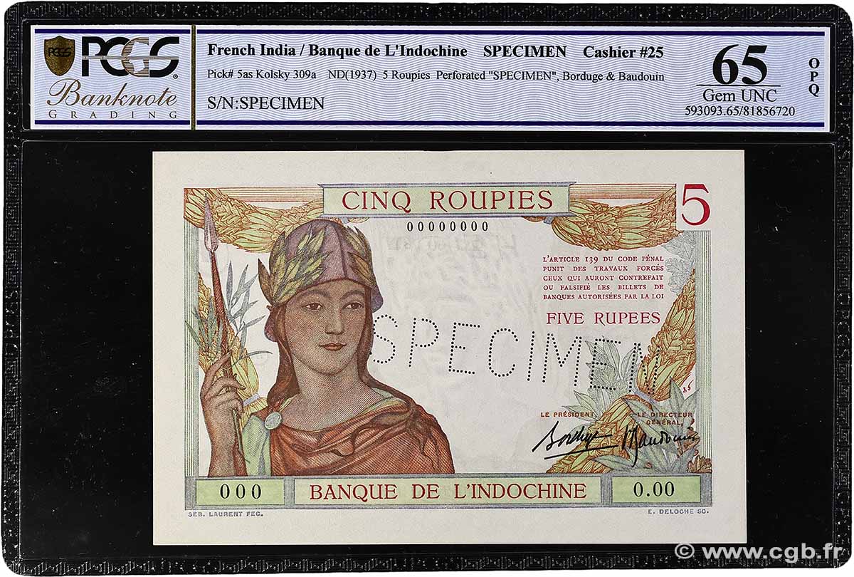 5 Roupies Spécimen INDE FRANÇAISE  1937 P.05as NEUF