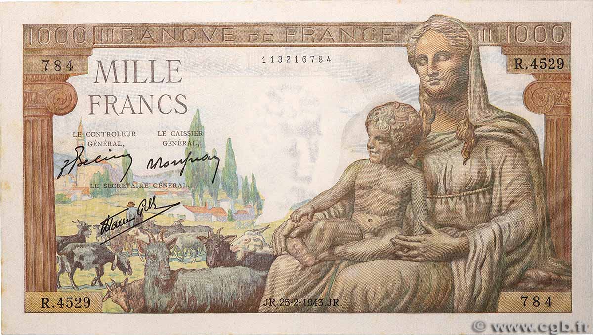 1000 Francs DÉESSE DÉMÉTER FRANCE  1943 F.40.20 pr.SPL