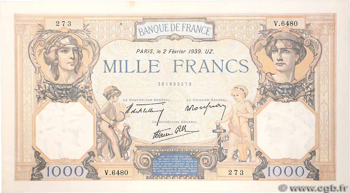 1000 Francs CÉRÈS ET MERCURE type modifié FRANCE  1939 F.38.34 AU