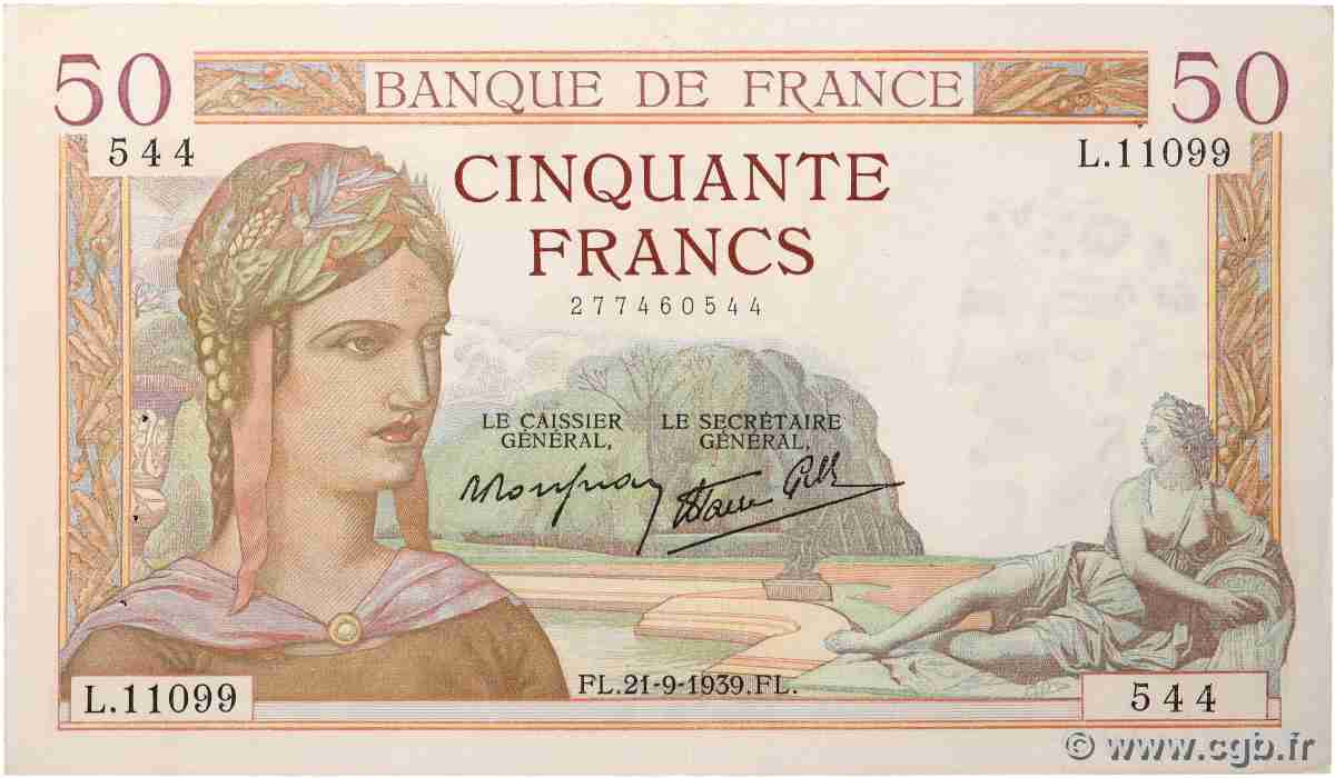 50 Francs CÉRÈS modifié FRANCE  1939 F.18.31 pr.SUP