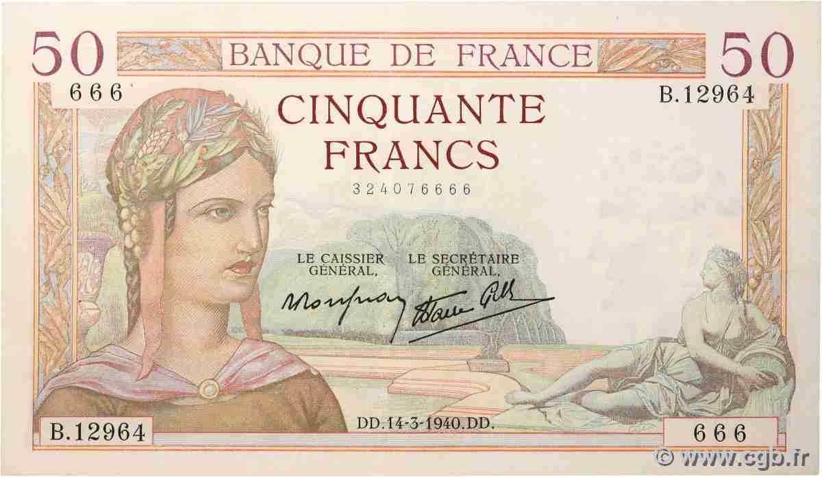50 Francs CÉRÈS modifié Numéro spécial FRANCE  1940 F.18.41 pr.SUP