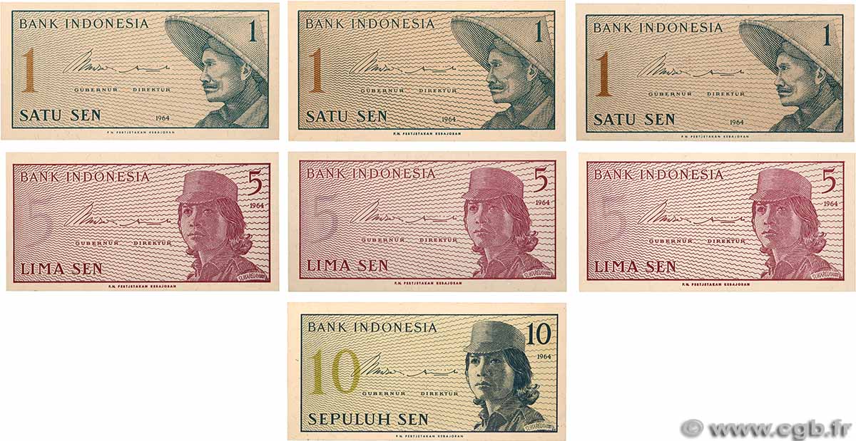 1, 5 et 10 Sens INDONESIA  1964 P.090, P.091 et P.092 UNC
