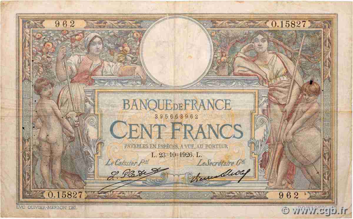 100 Francs LUC OLIVIER MERSON grands cartouches FRANCE  1926 F.24.05 VG