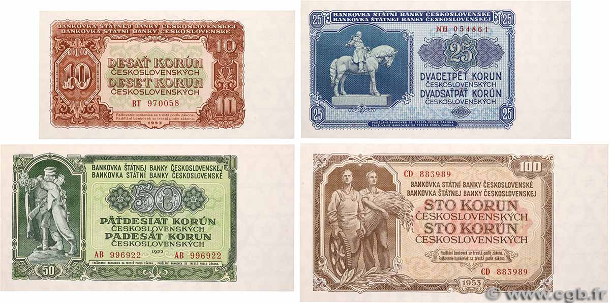 10 au 100 Korun Lot CECOSLOVACCHIA  1953 P.083a, P.084b, P.085a et P.086b q.FDC