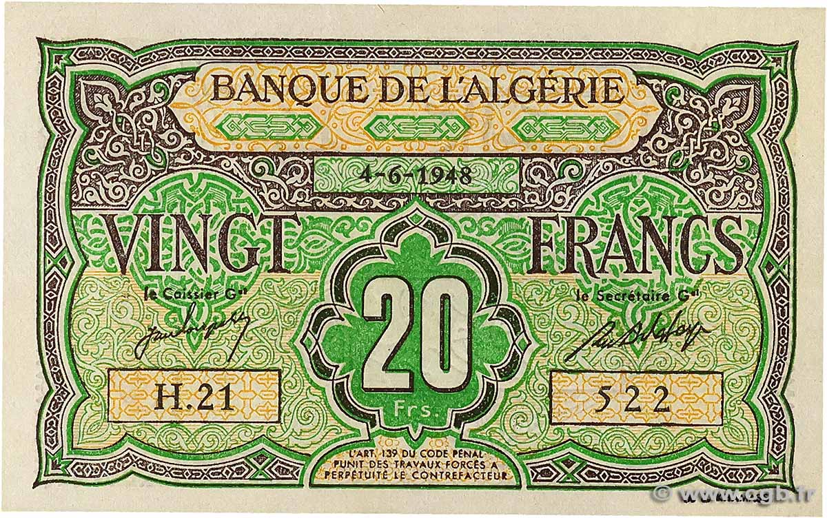 20 Francs ALGERIA  1948 P.103 SPL
