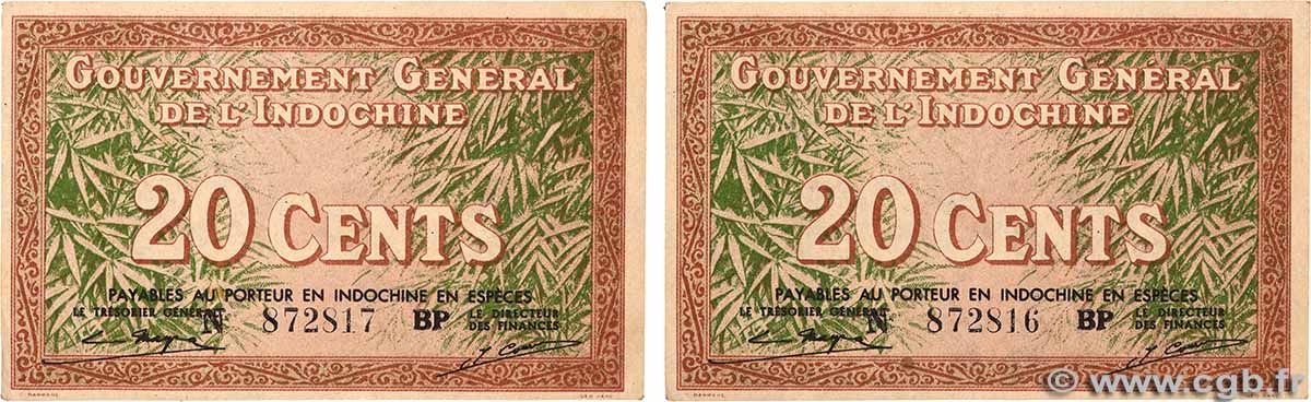 20 Cents Consécutifs FRENCH INDOCHINA  1939 P.086d VF