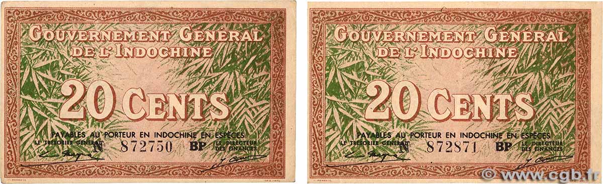 20 Cents Lot INDOCHINE FRANÇAISE  1939 P.086d TTB