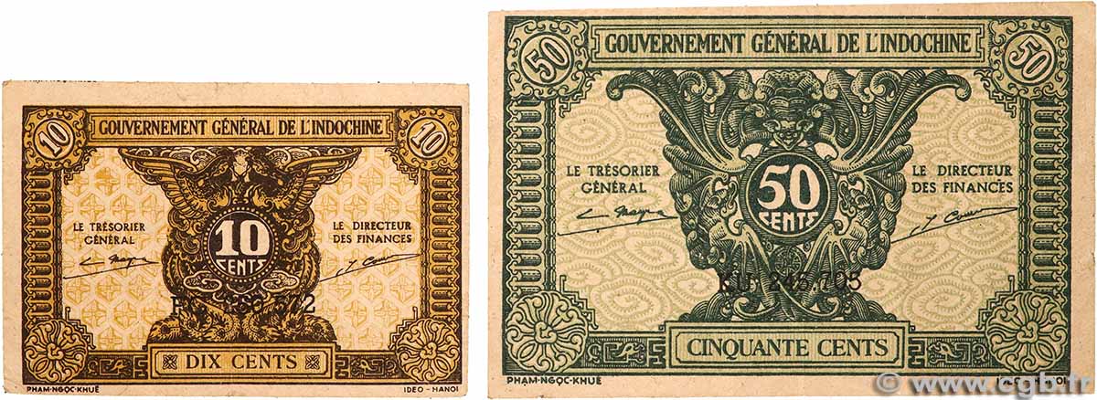 10 et 50 Cents Lot FRENCH INDOCHINA  1942 P.089a et P.091a VF-