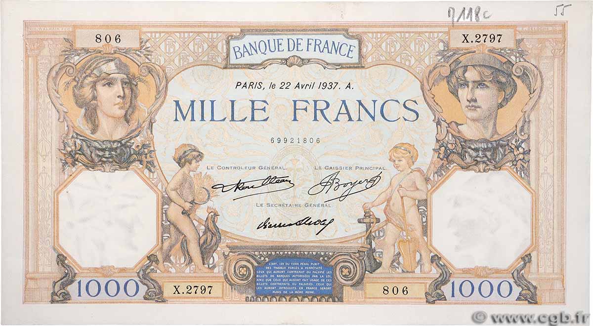 1000 Francs CÉRÈS ET MERCURE FRANCE  1937 F.37.10 VF+
