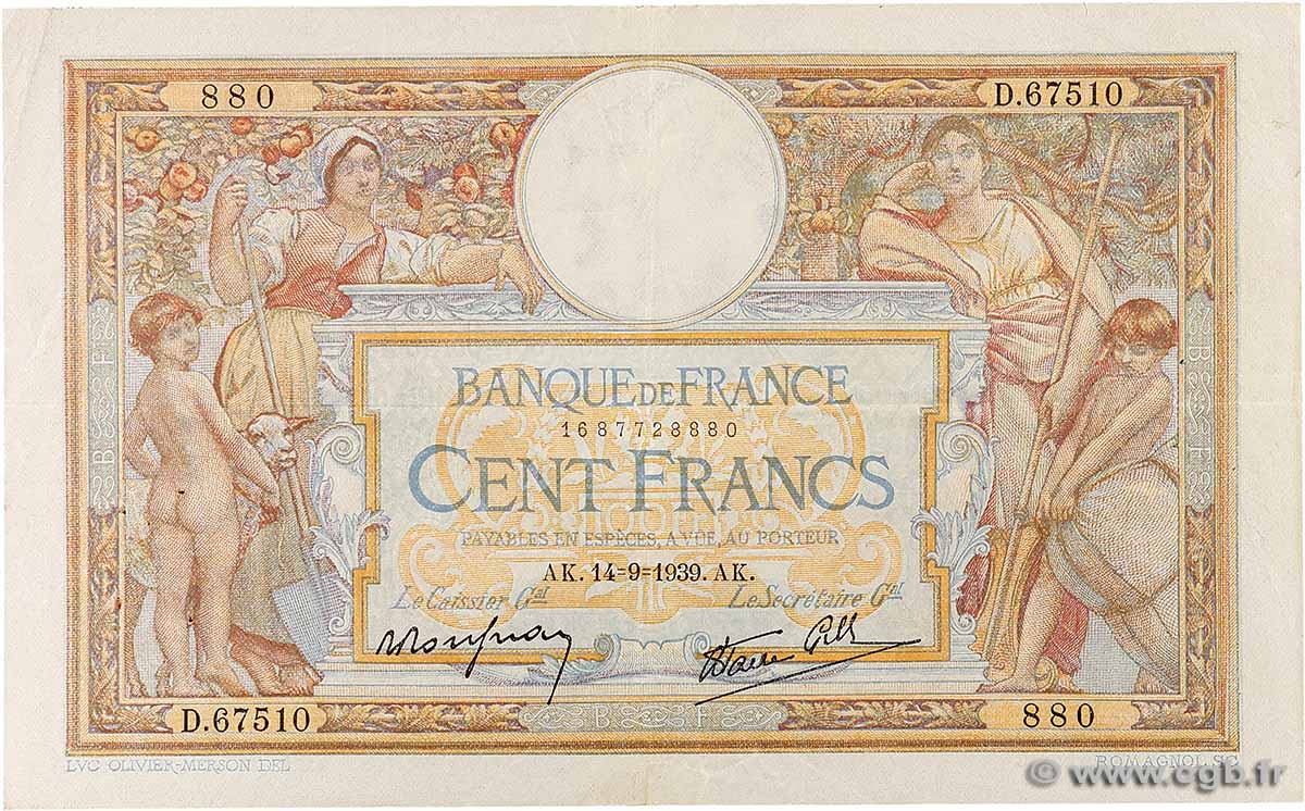100 Francs LUC OLIVIER MERSON type modifié FRANKREICH  1939 F.25.49 fSS