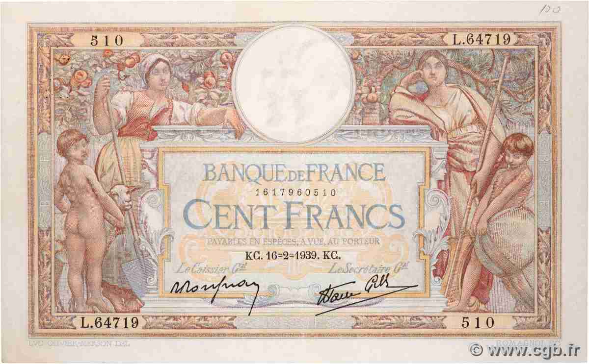100 Francs LUC OLIVIER MERSON type modifié FRANCE  1939 F.25.43 XF-