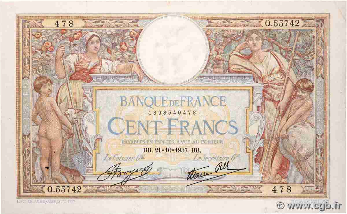 100 Francs LUC OLIVIER MERSON type modifié FRANCE  1937 F.25.03 F