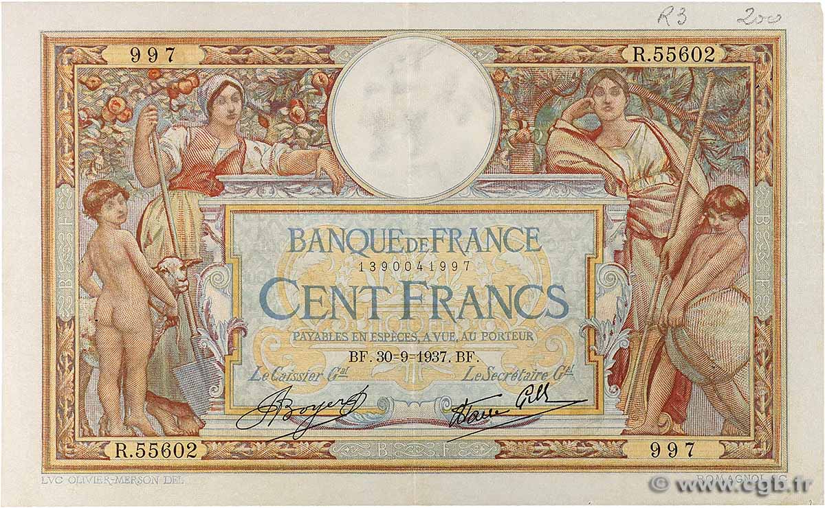 100 Francs LUC OLIVIER MERSON type modifié FRANKREICH  1937 F.25.02 SS