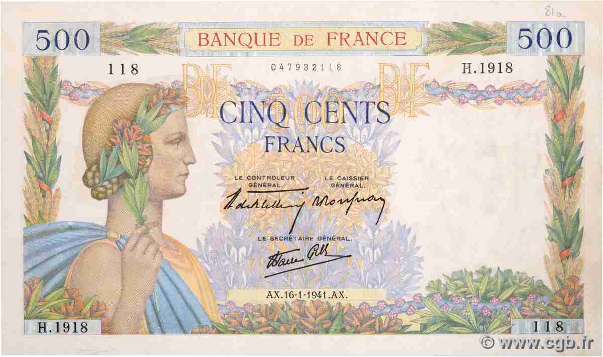 500 Francs LA PAIX FRANCE  1941 F.32.13 VF