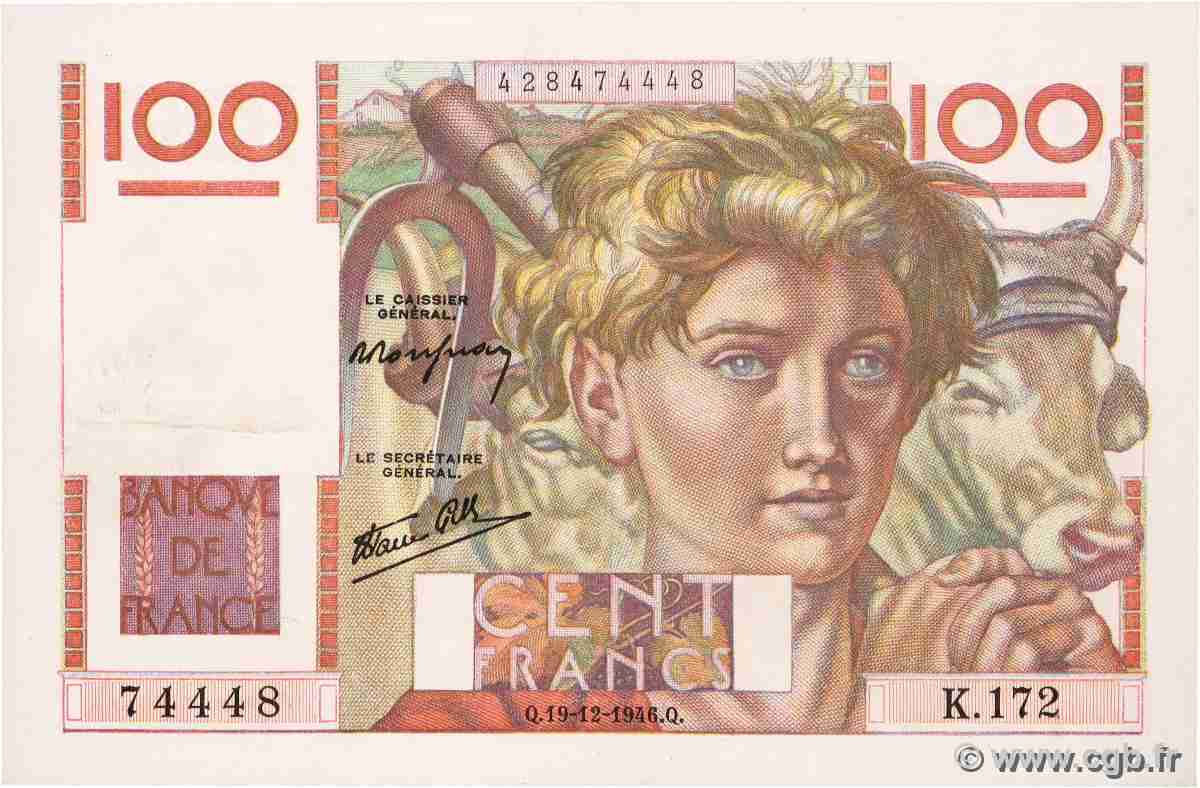 100 Francs JEUNE PAYSAN FRANCE  1946 F.28.12 XF