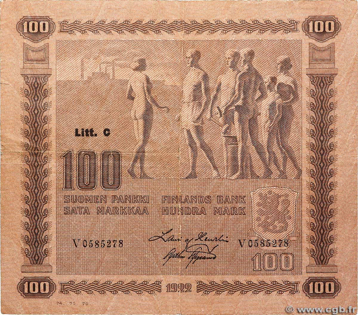 100 Markkaa FINLANDE  1922 P.065a TB+