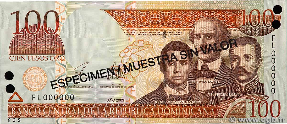 100 Pesos Oro Spécimen RÉPUBLIQUE DOMINICAINE  2003 P.171s3 FDC