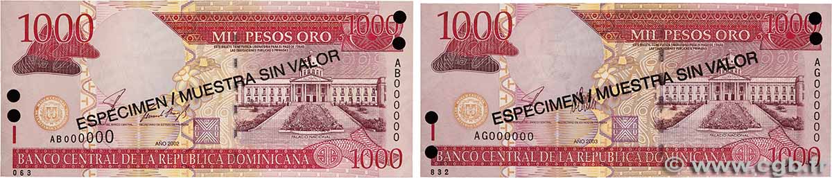 1000 Pesos Oro Spécimen RÉPUBLIQUE DOMINICAINE  2002 P.173s1 et P.173s2 NEUF