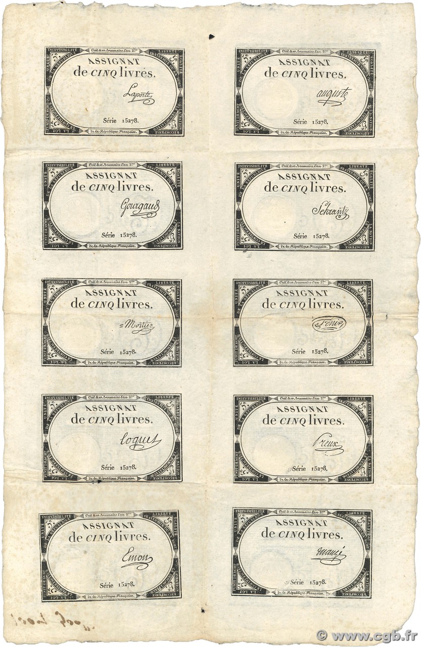 5 Livres Planche FRANCIA  1793 Ass.46a-p BB