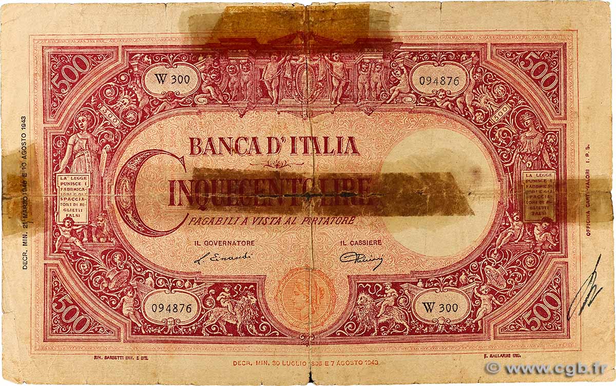 500 Lire ITALY  1946 P.070d P