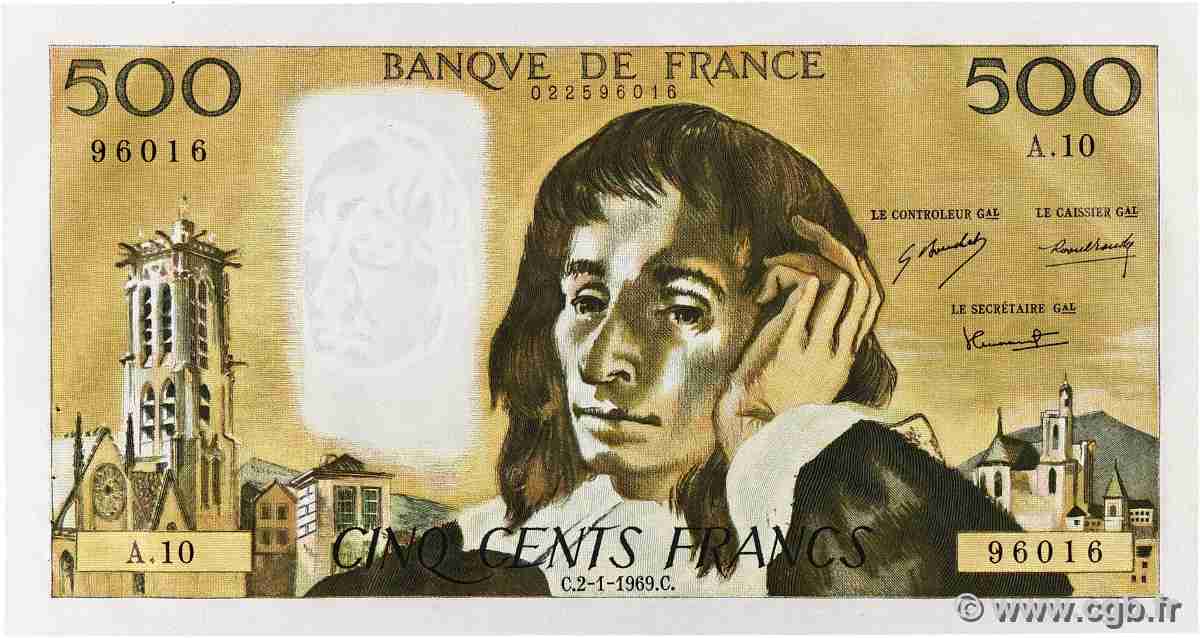 500 Francs PASCAL FRANKREICH  1969 F.71.03 VZ+